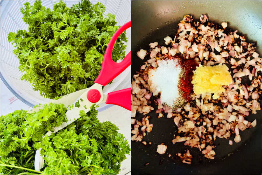 two picture collage showing preparing the fresh parsley and cooking the onion, garlic and spices in a skillet