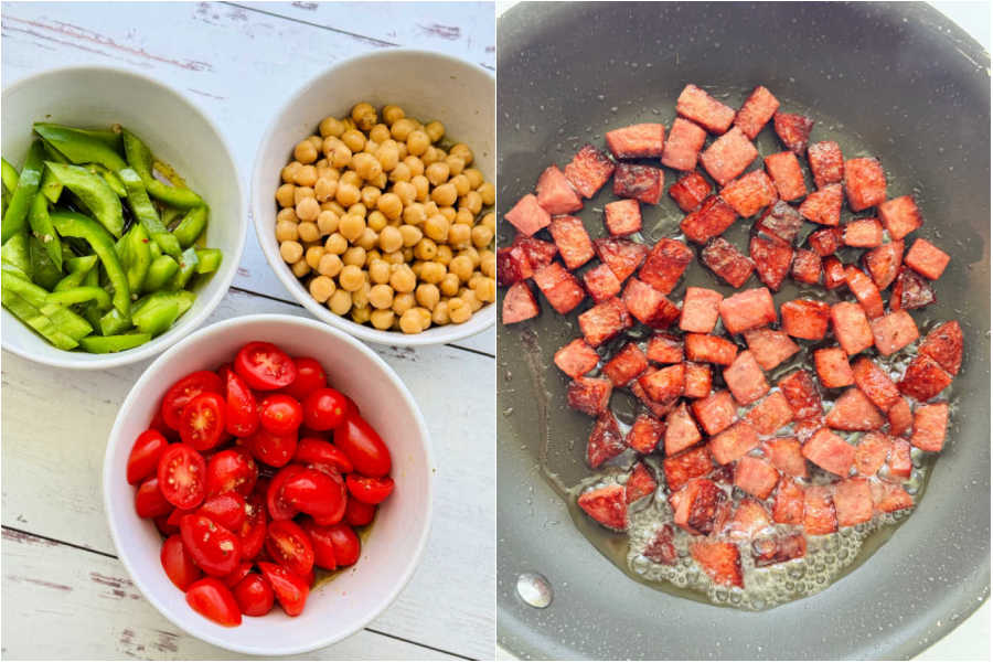 chopped ingredients and cooked salami for the chopped salad