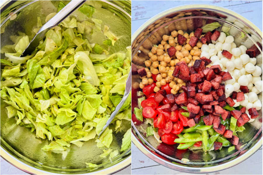 collage of two pictures - iceberg lettuce tossed with dressing and salad in the bowl with all ingredients
