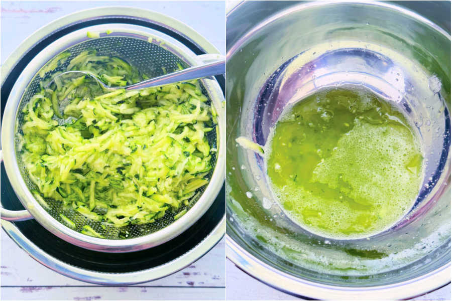 two picture collage showing zucchini being drained