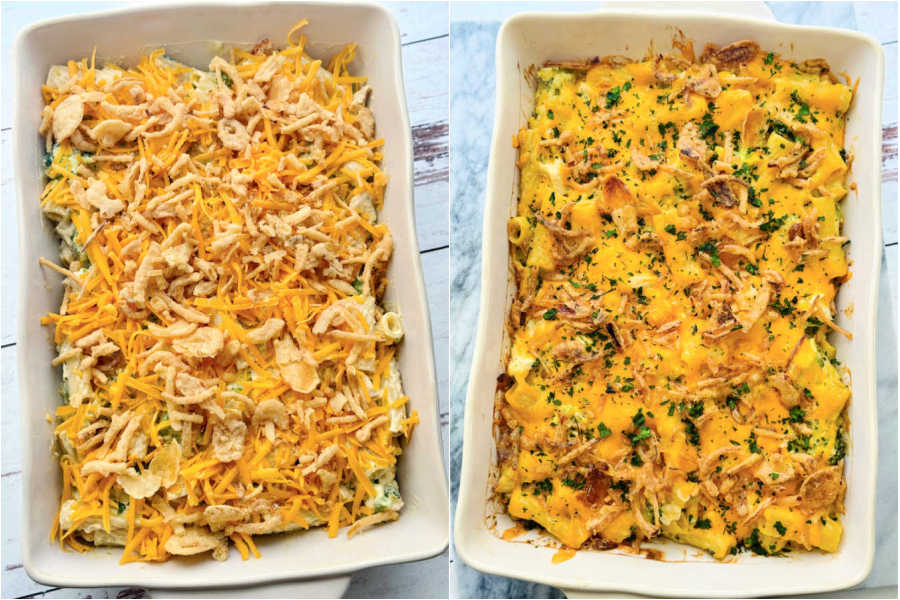 chicken broccoli pasta bake before and after baking
