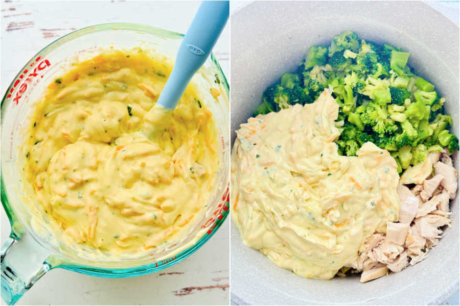 preparing the sauce and then mixing it together with the pasta, chicken and broccoli