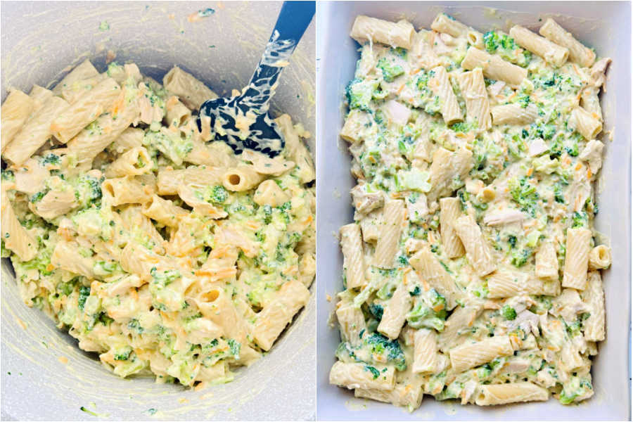 pasta casserole mixture in the pot and then spread in the casserole dish