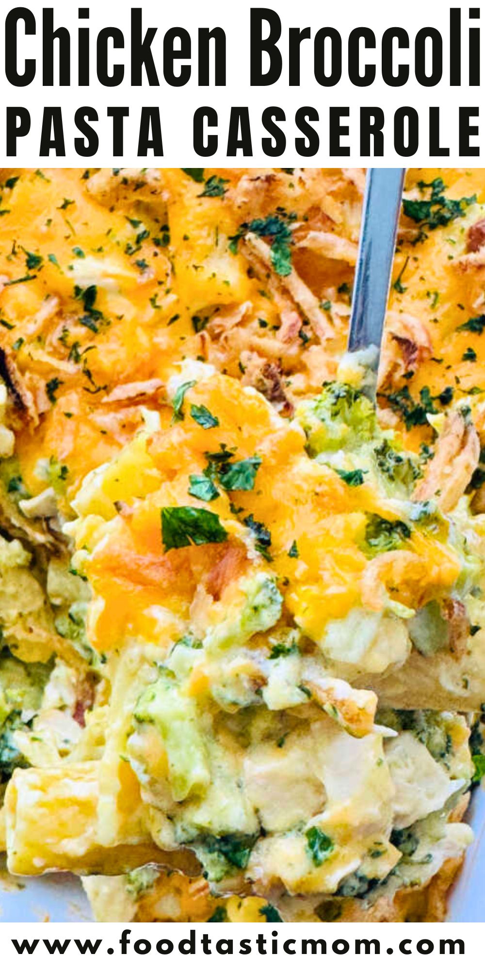 Chicken broccoli pasta casserole is pure comfort food made with cooked pasta and rotisserie chicken. Your whole family will love it. via @foodtasticmom