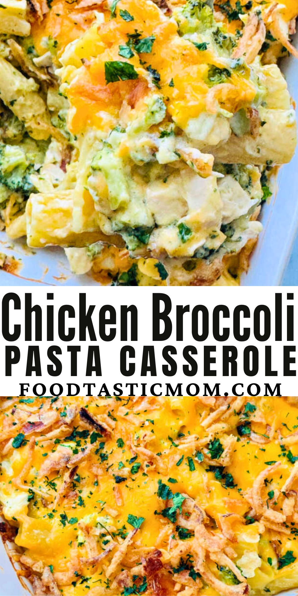Chicken broccoli pasta casserole is pure comfort food made with cooked pasta and rotisserie chicken. Your whole family will love it. via @foodtasticmom