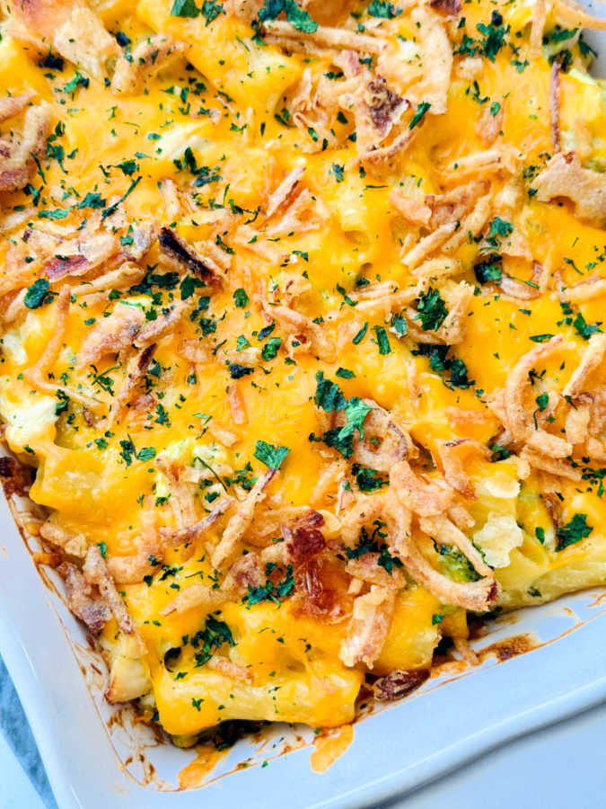 baked chicken broccoli pasta casserole ready to serve