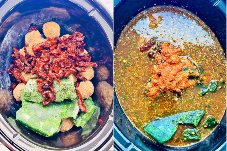 showing the layering of the meatballs spinach and sauce in the crock pot