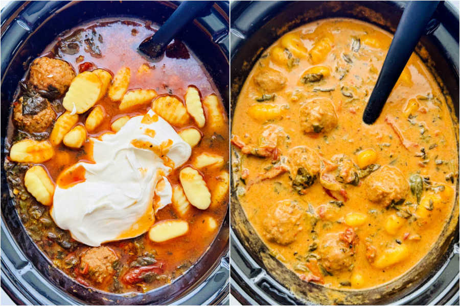 showing the meatballs before and after mixing in the gnocchi and sour cream