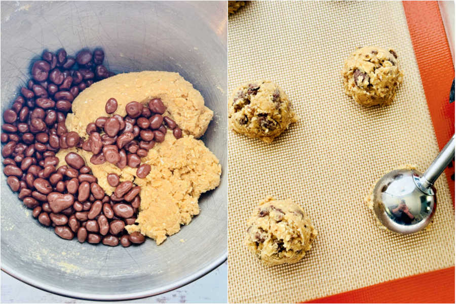 showing the chocolate covered raisins being mixed into the oatmeal cookie dough and the dough balls being placed on the cookie sheet