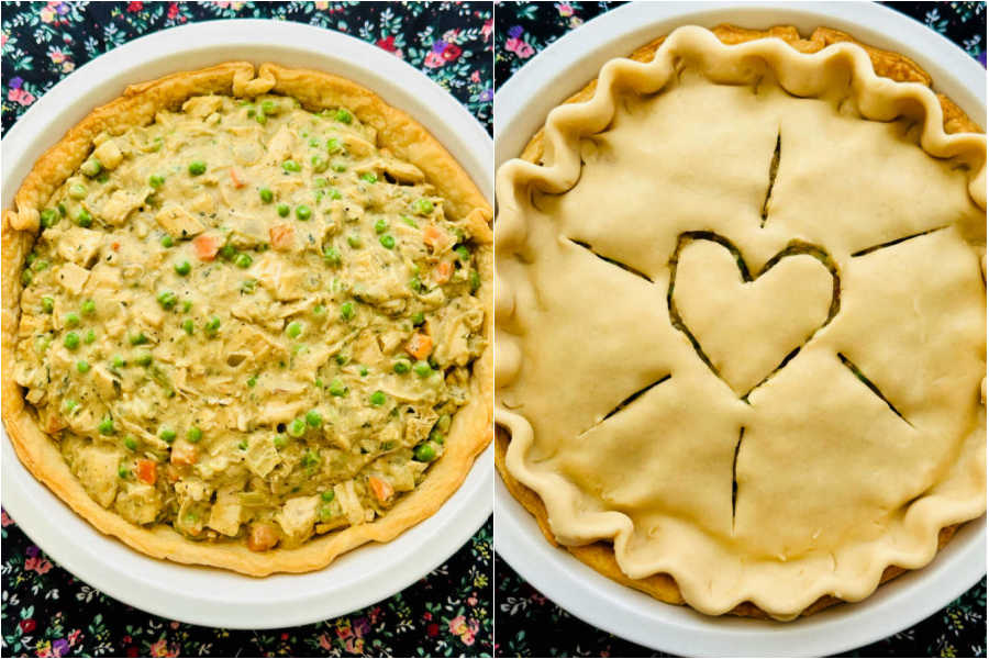 a picture of the filled chicken pot pie topped with the top pie crust that has a heart outline cut into it