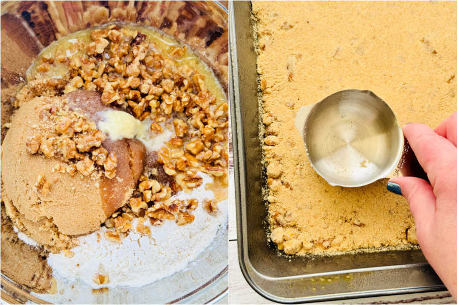 showing the ingredients for the apple square crust being mixed together and pressed into the pan
