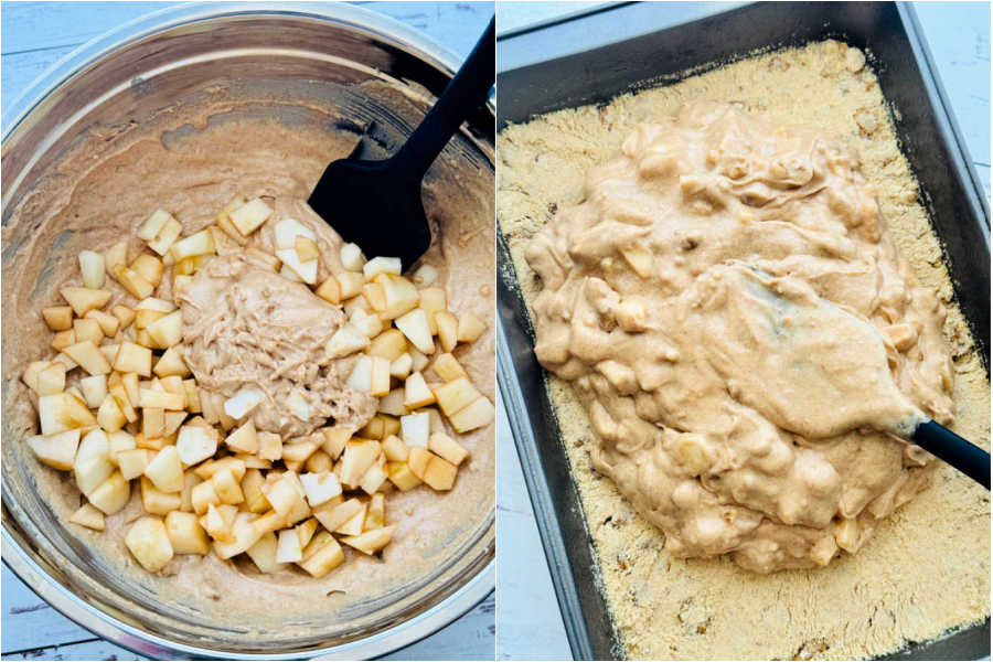 spreading the apple layer on top of the crust for the sour cream apple bars