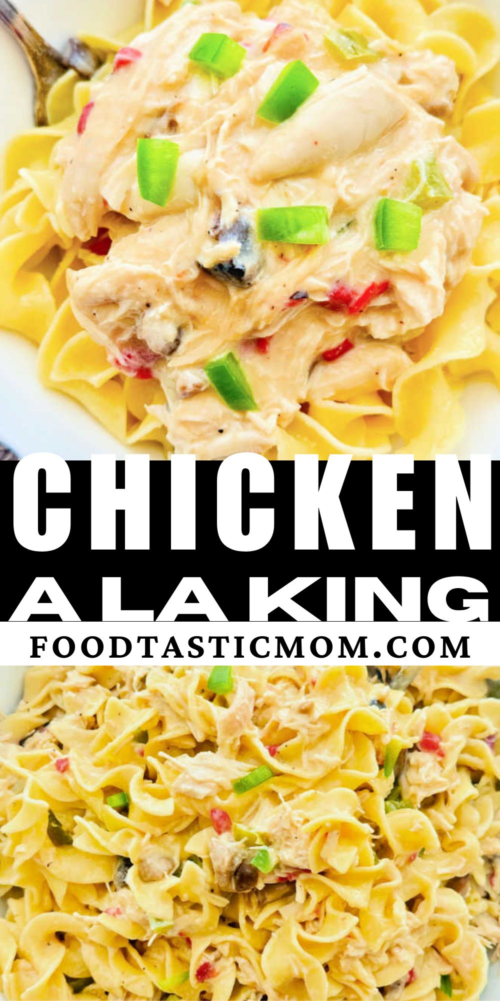 This quick and comforting chicken a la king recipe uses help from rotisserie chicken and canned vegetables. It's comfort food for busy weeknights. via @foodtasticmom