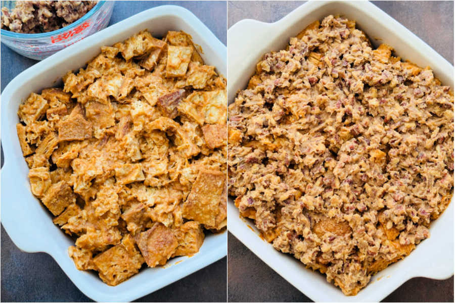 pumpkin french toast casserole in the baking dish before being baked
