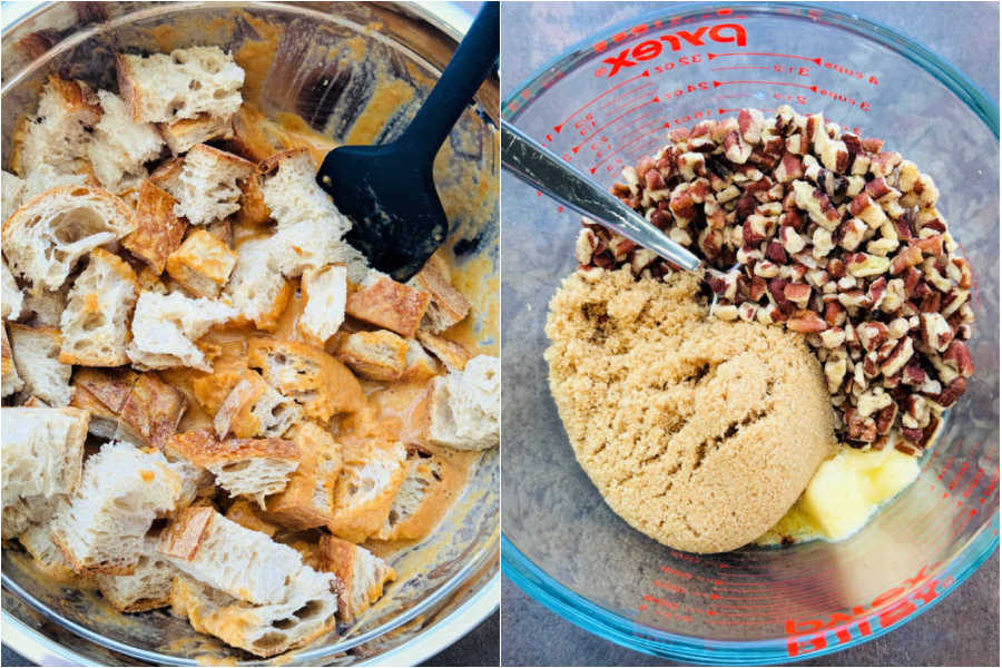 mixing the bread cubes with the pumpkin custard and preparing the streusel topping