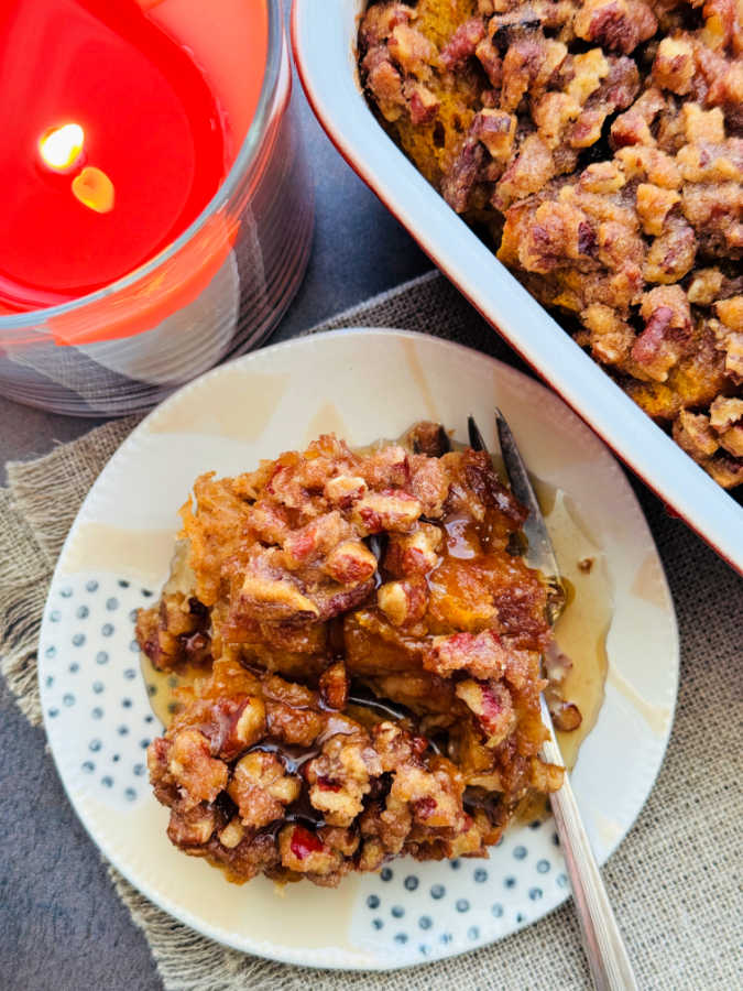 a plated slice of pumpkin french toast