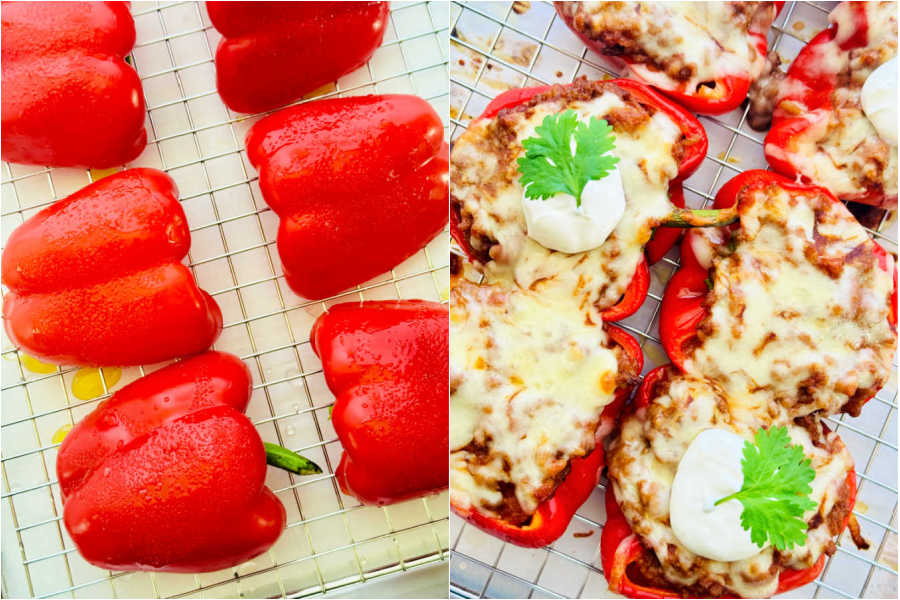 showing the red bell peppers before and after stuffing