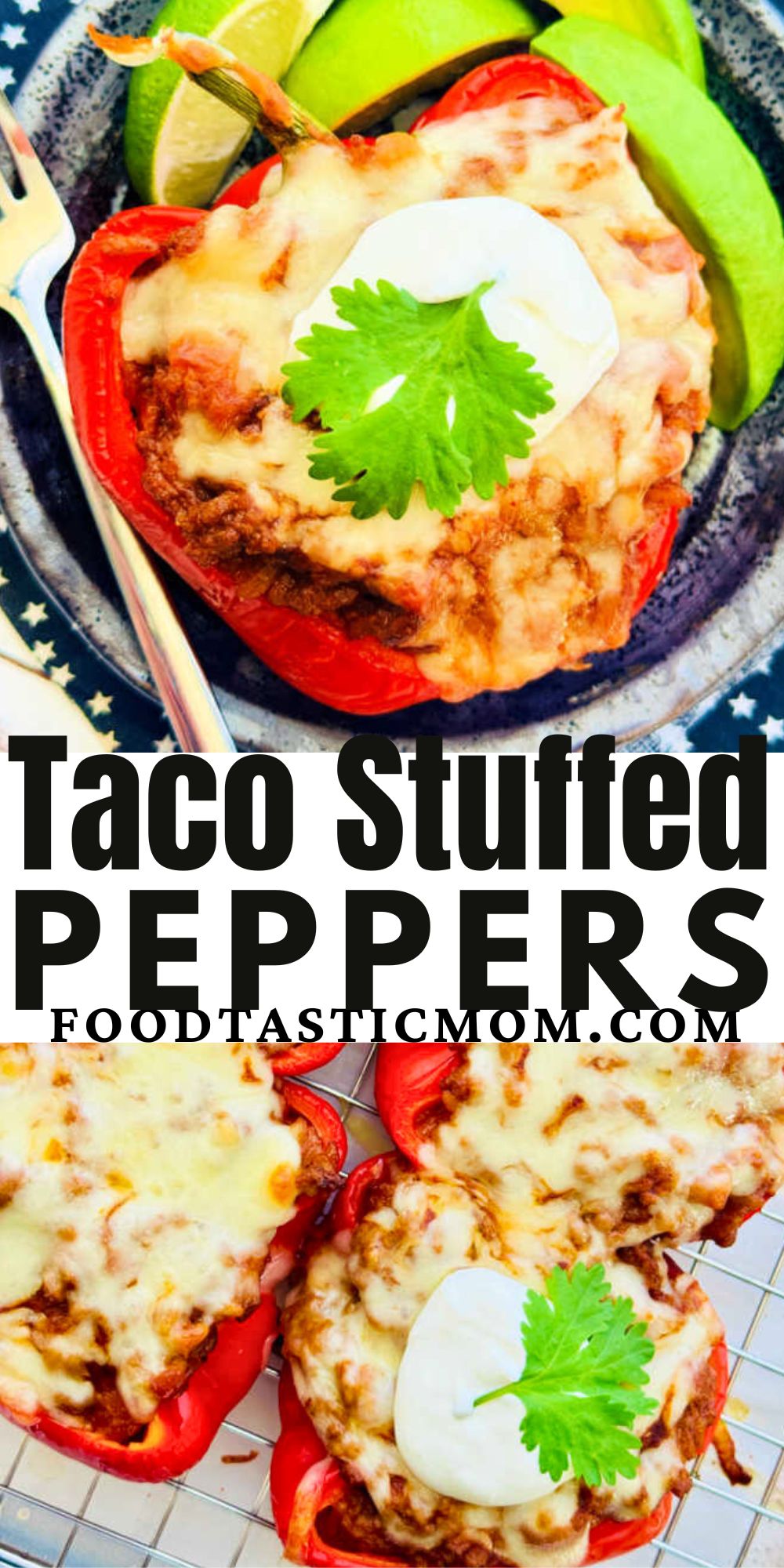 Easy taco stuffed peppers recipe with ground beef is a healthy dinner option for taco night. Top the stuffed peppers with favorite taco toppings. via @foodtasticmom