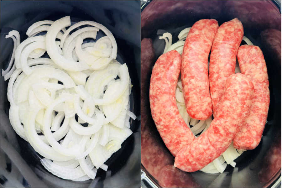 brats and sliced onions in the slow cooker insert