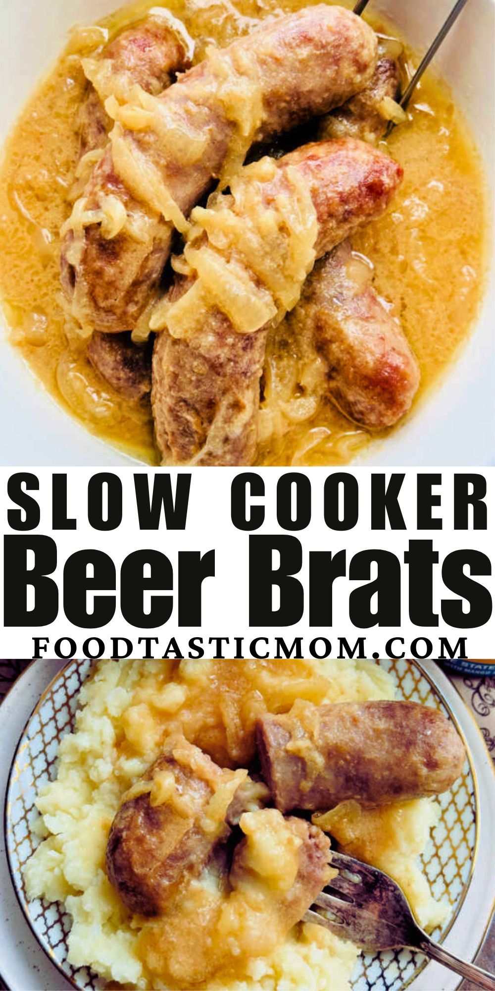 This is the best slow cooker beer brats recipe! It includes a roux to help thicken the sauce which is delicious over a pile of mashed potatoes. via @foodtasticmom