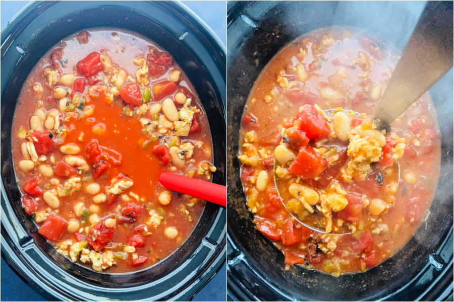 buffalo chicken chili in the crockpot, before and after cooking