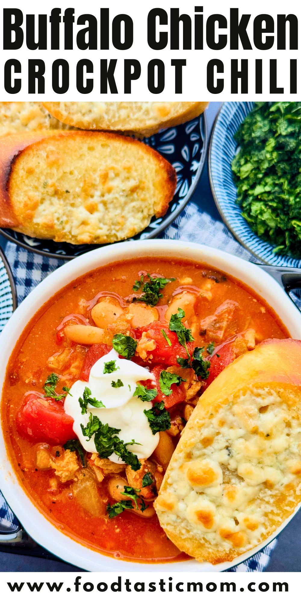 This is such an easy slow cooker buffalo chicken chili recipe. Made with ground chicken it's big on flavor and perfect for game day. via @foodtasticmom