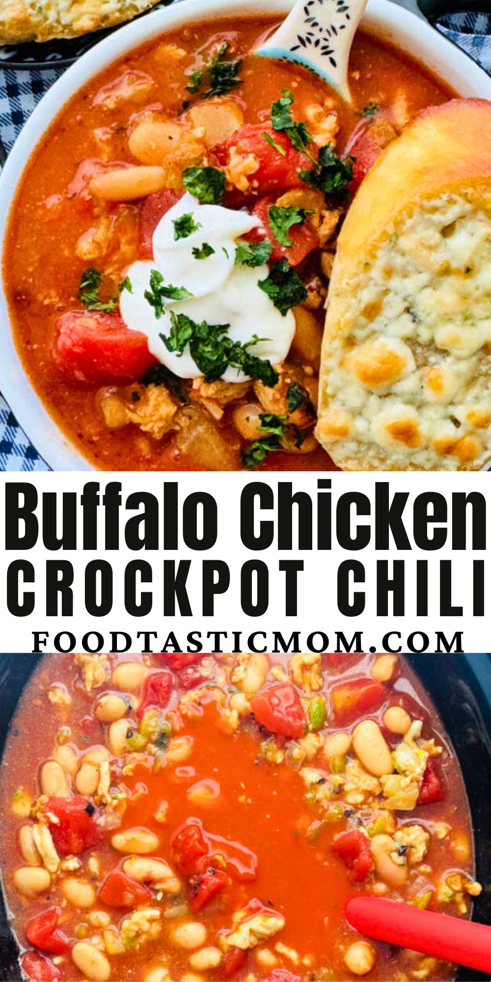 This is such an easy slow cooker buffalo chicken chili recipe. Made with ground chicken it's big on flavor and perfect for game day. via @foodtasticmom