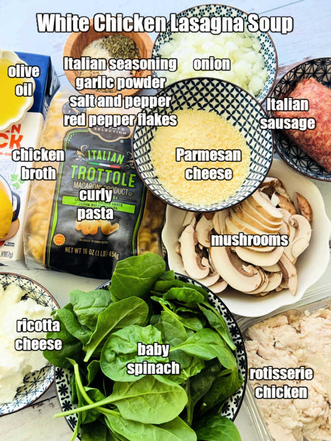 picture of ingredients needed for white chicken lasagna soup