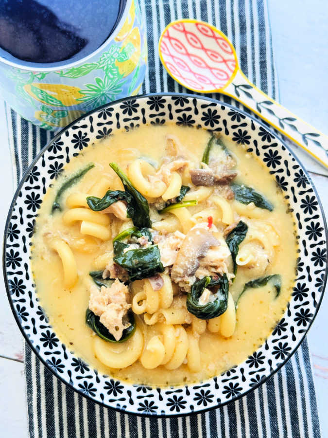 a bowlful of white chicken lasagna soup