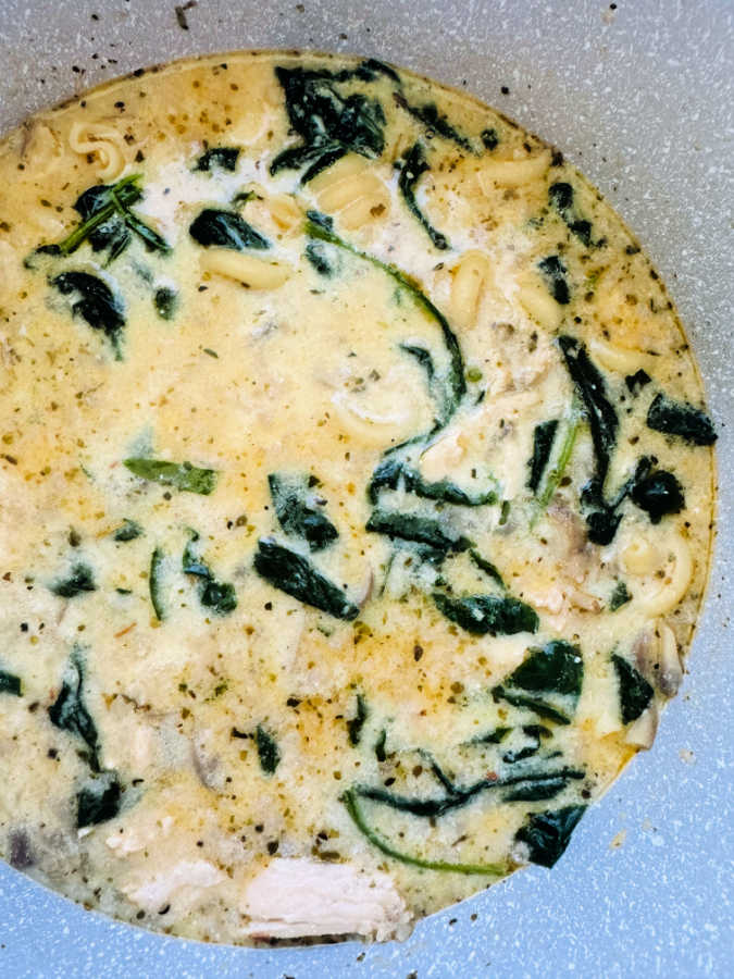pot full of white chicken lasagna soup ready to serve