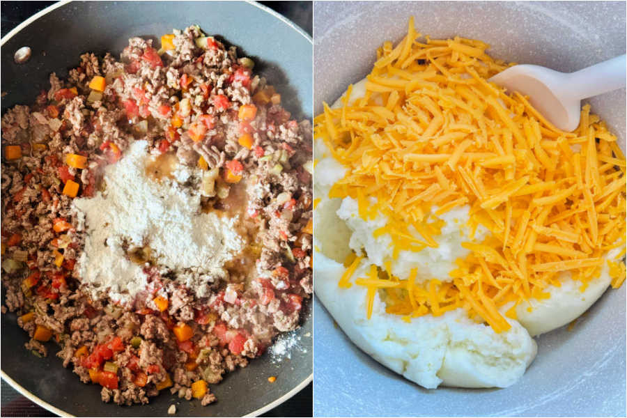 making the beef filling and mashed potato topping for the cottage pie