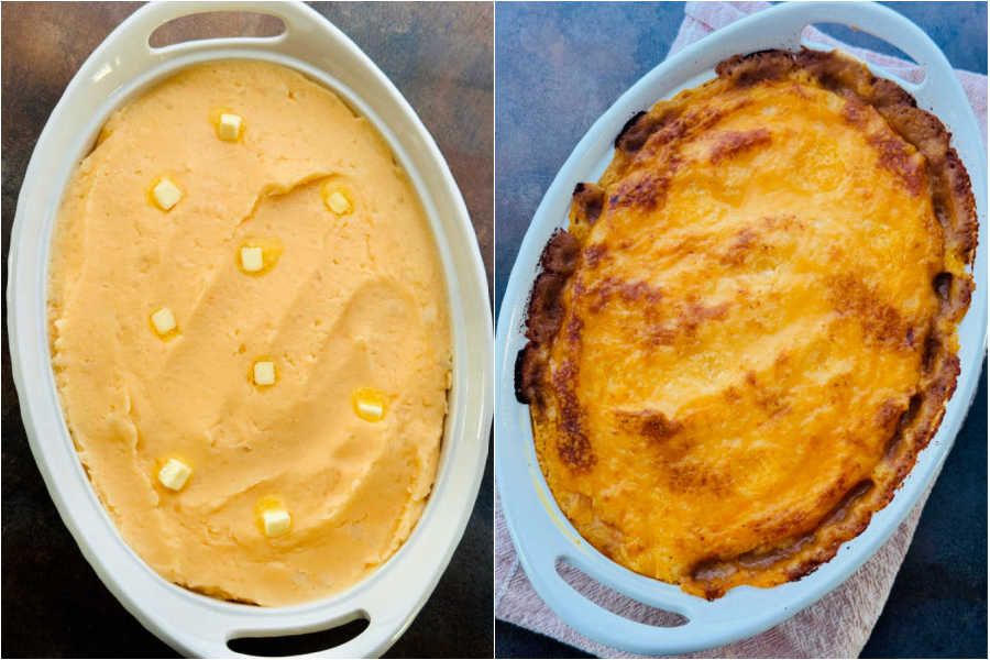 cottage pie in the casserole dish before and after baking