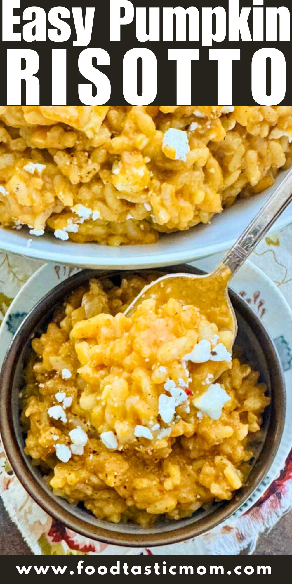 This easy pumpkin risotto recipe with apple cider and feta cheese is pure comfort food. It's a perfect side dish for the fall season. via @foodtasticmom
