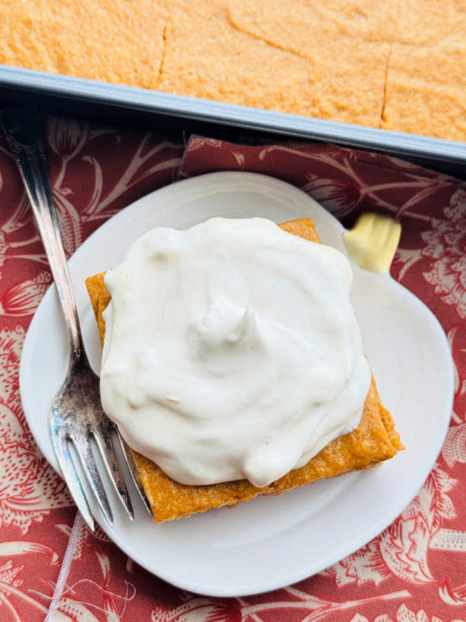 a slice of pumpkin torte topped with whipped cream