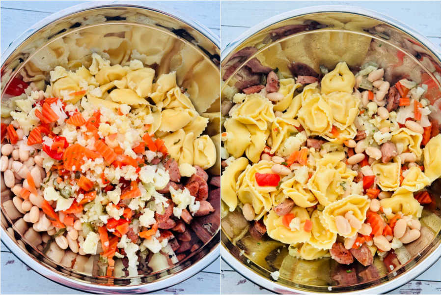 showing how to mix up the tortellini pasta salad
