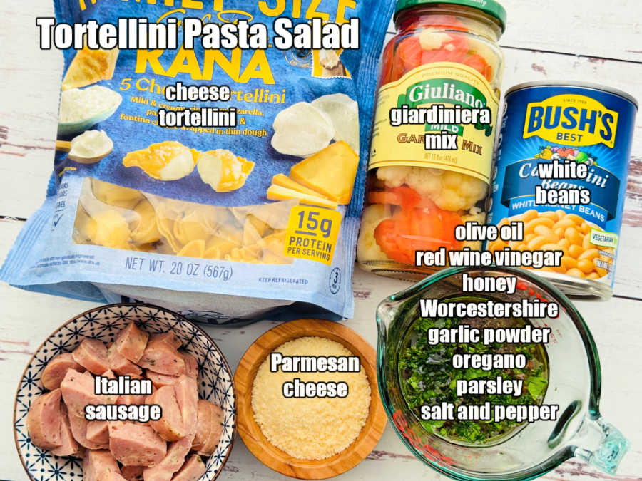 picture of ingredients needed to make tortellini salad
