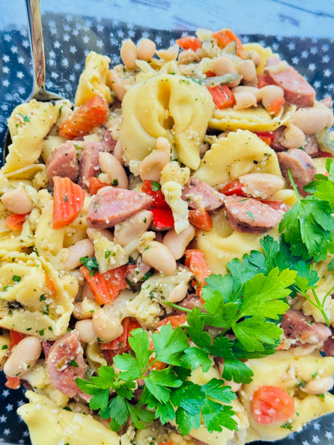 a close up of the pasta salad in the serving bowl