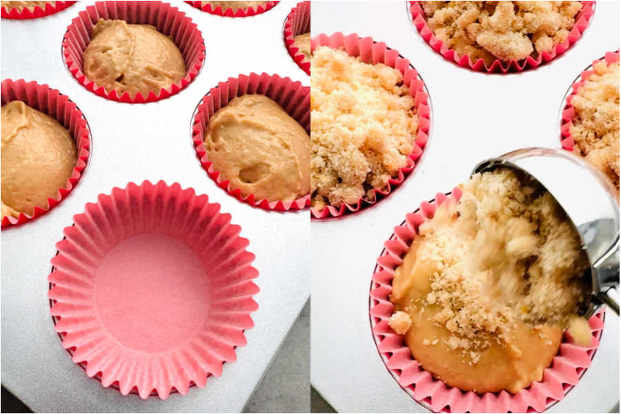 showing the muffin liners being filled with batter and then topped with streusel