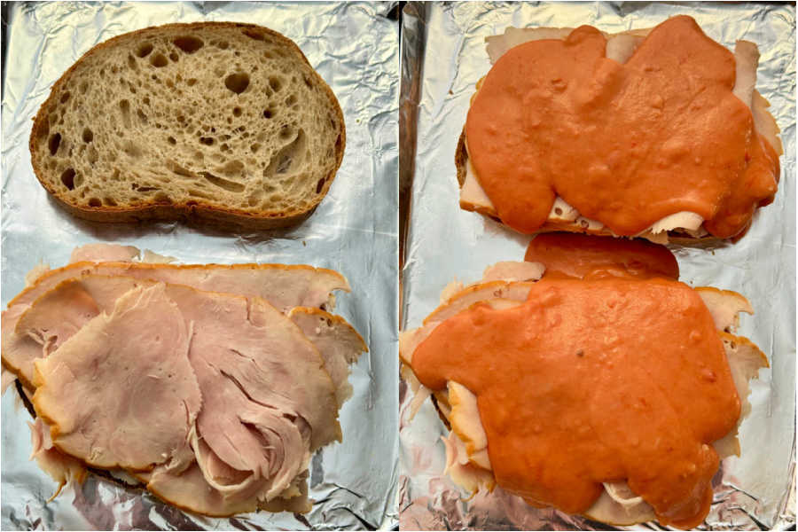 showing the assembled sandwiches, ready to be broiled