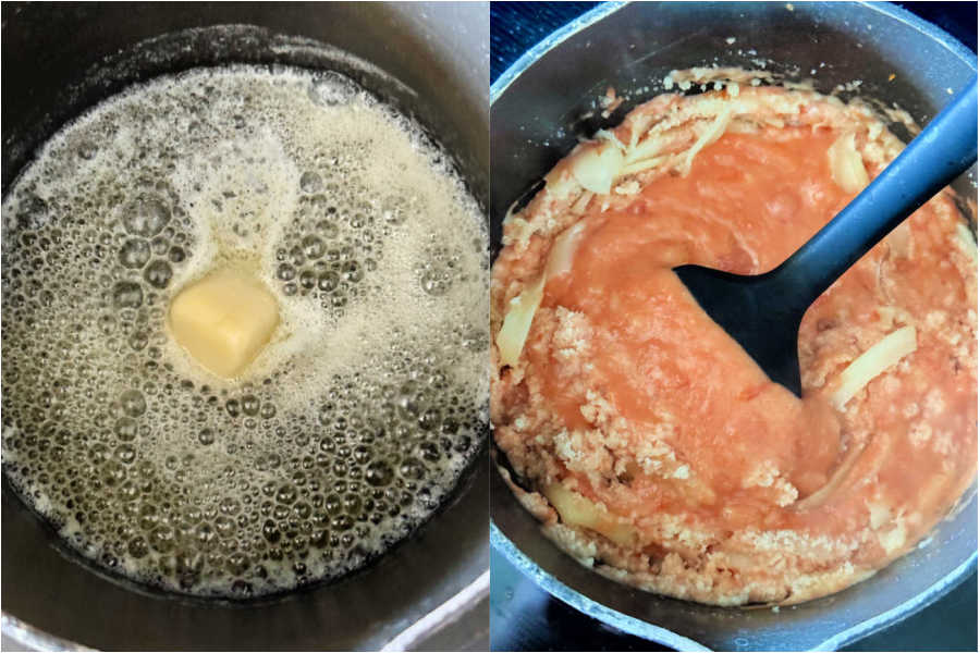 making the cheesy mornay sauce for a hot brown sandwich