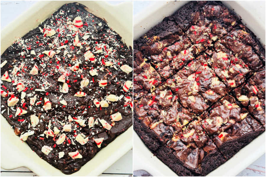 showing the peppermint brownies in the baking dish before and after being baked