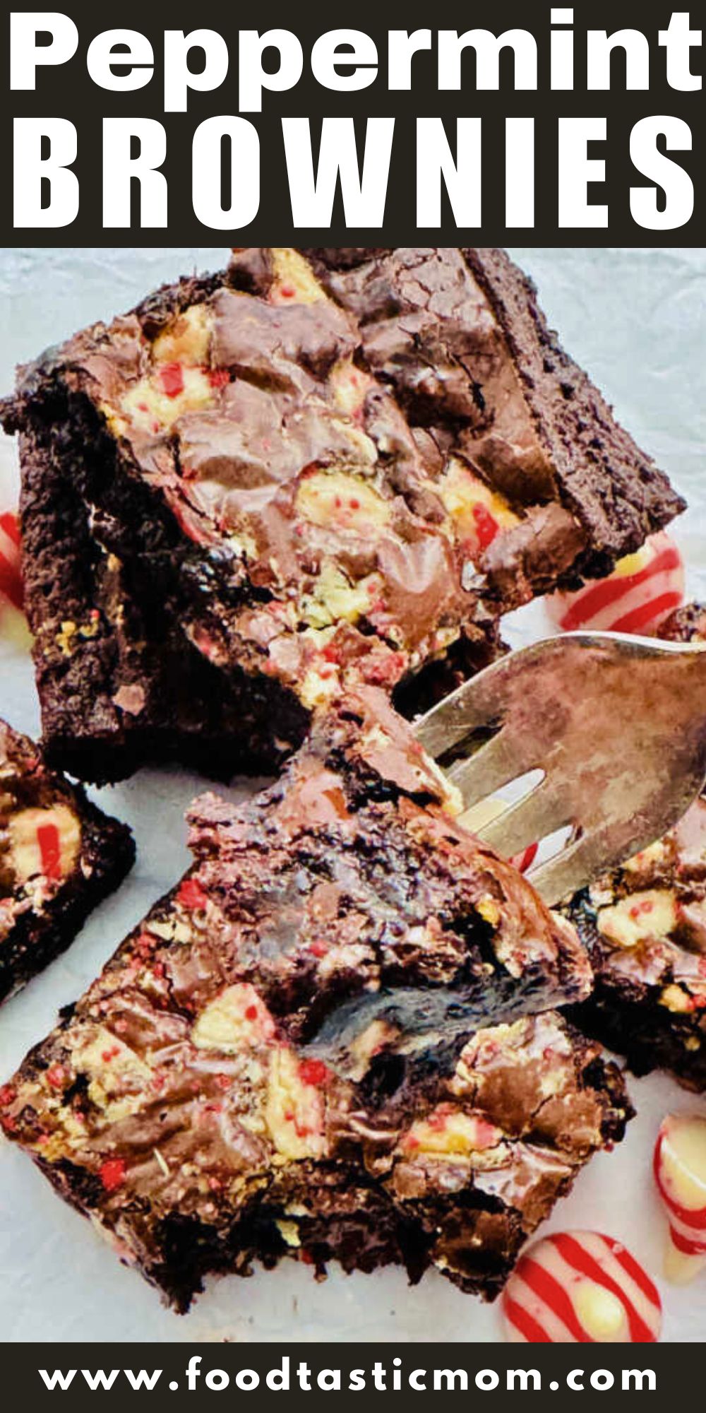 These decadent brownies are a must make and start with a boxed mix. Easy peppermint brownies with candy cane kisses are the best. via @foodtasticmom