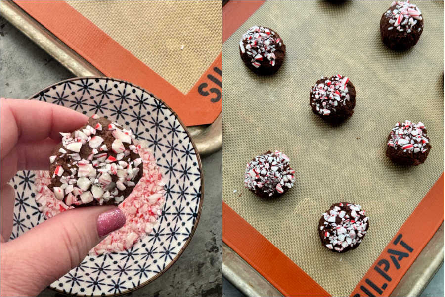 dipping a chocolate cookie dough ball into crushed candy cane pieces