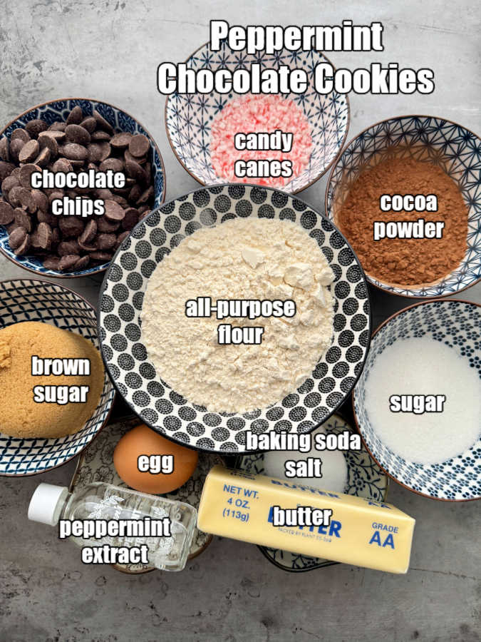 picture of ingredients needed to make peppermint chocolate cookies