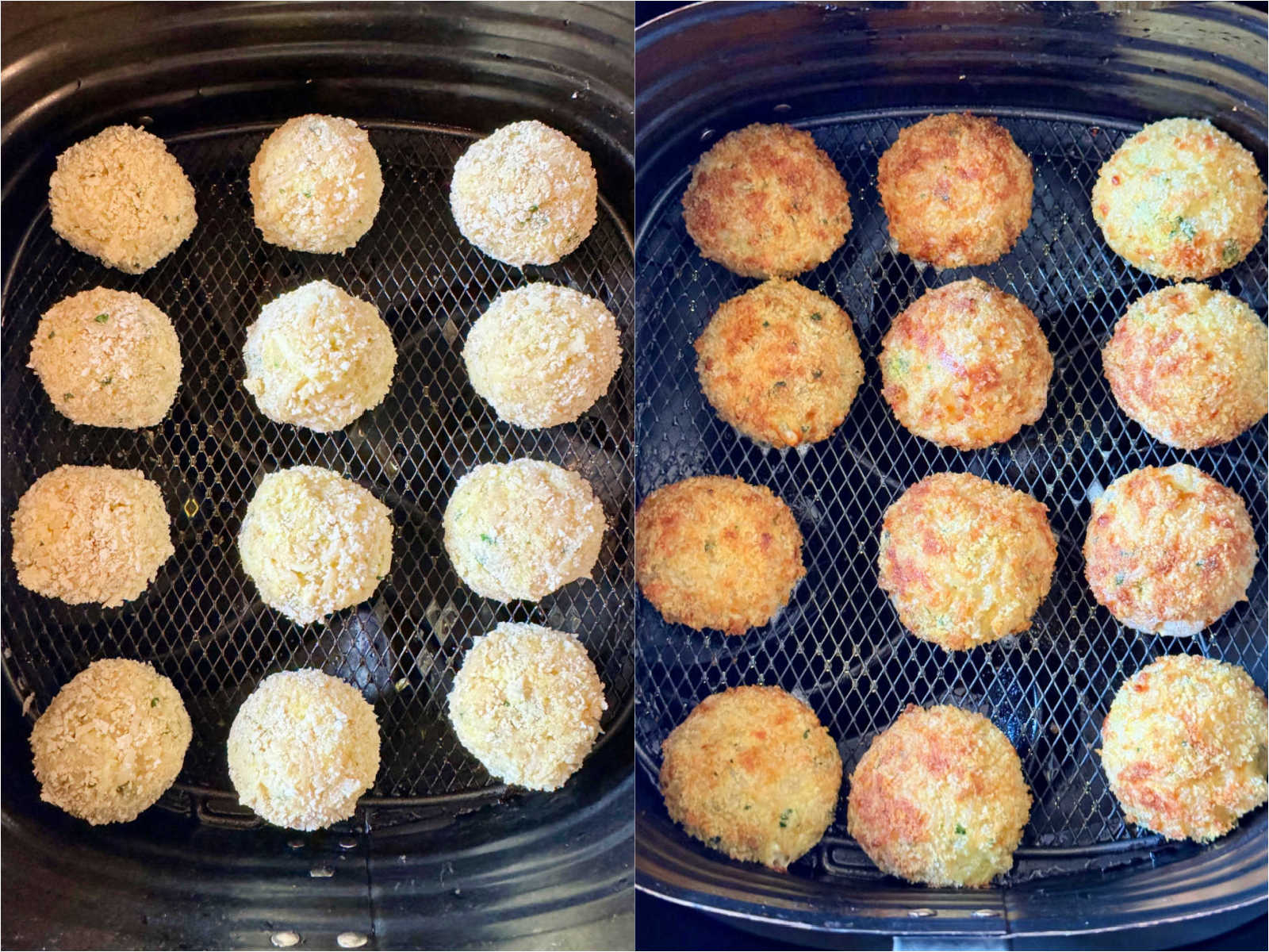 showing the arancini in the basket of the air fryer before and after being cooked