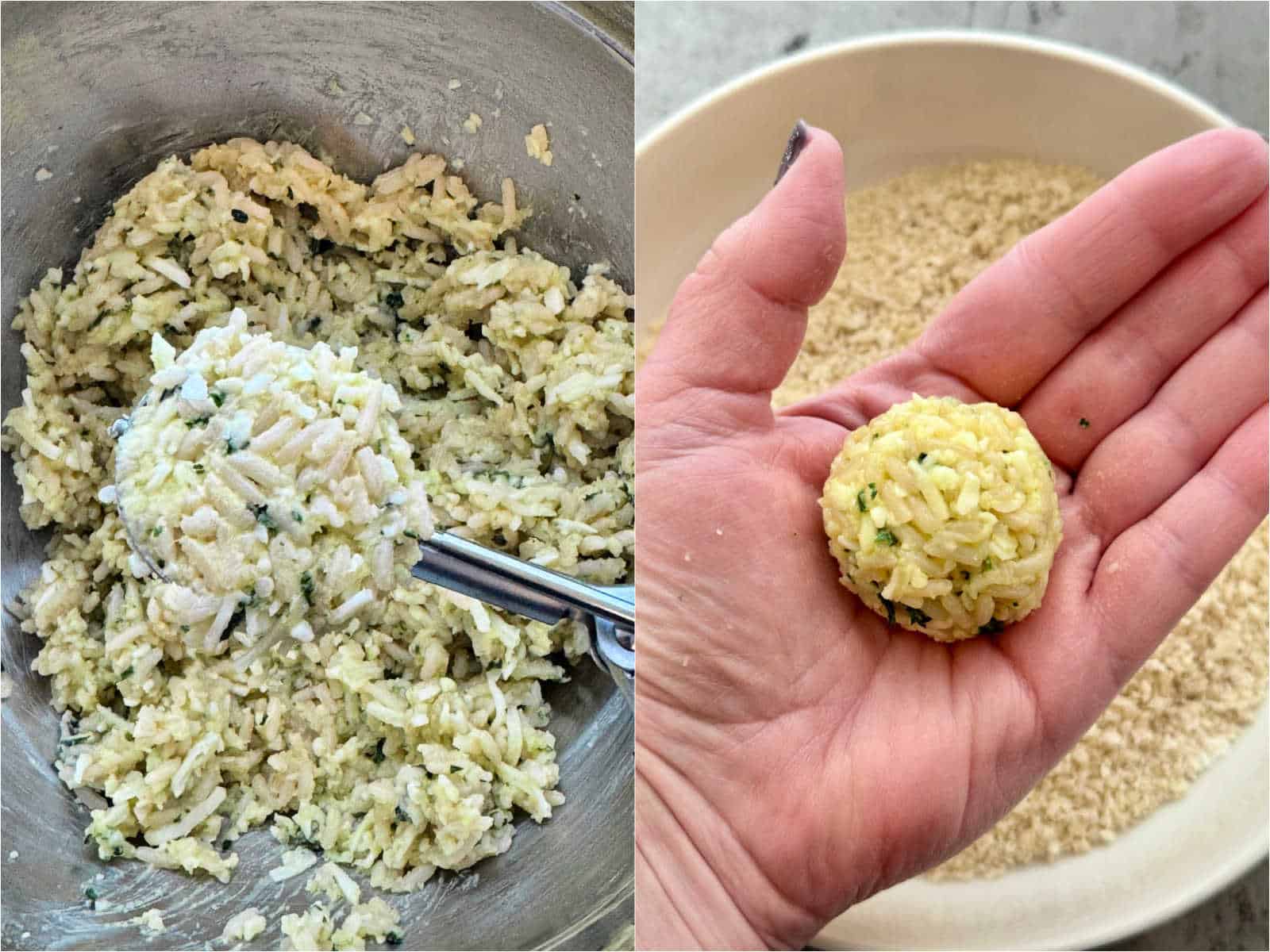 forming the rice mixture into balls and then breading them