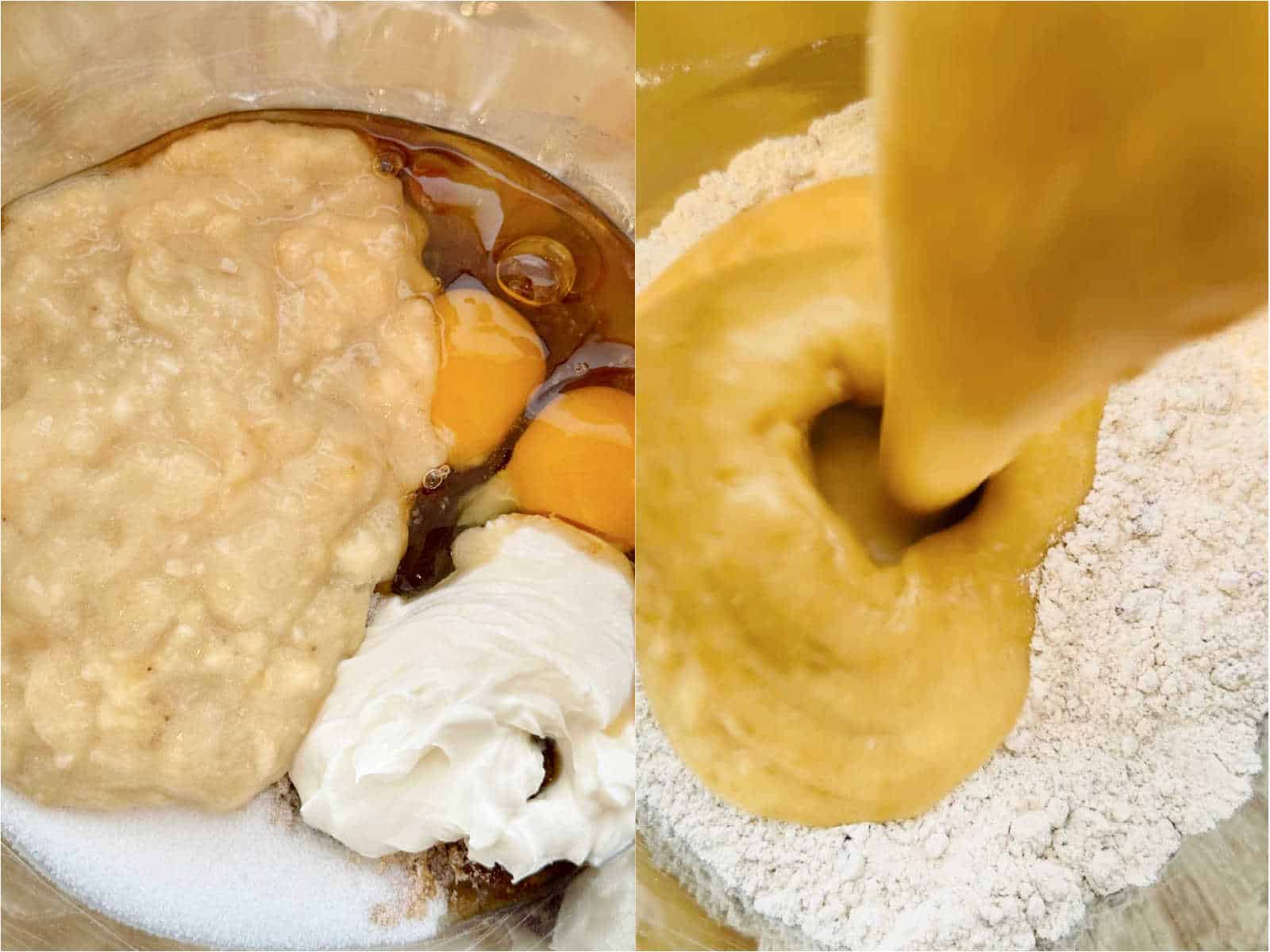 showing the batter for banana muffins being mixed together in a metal bowl