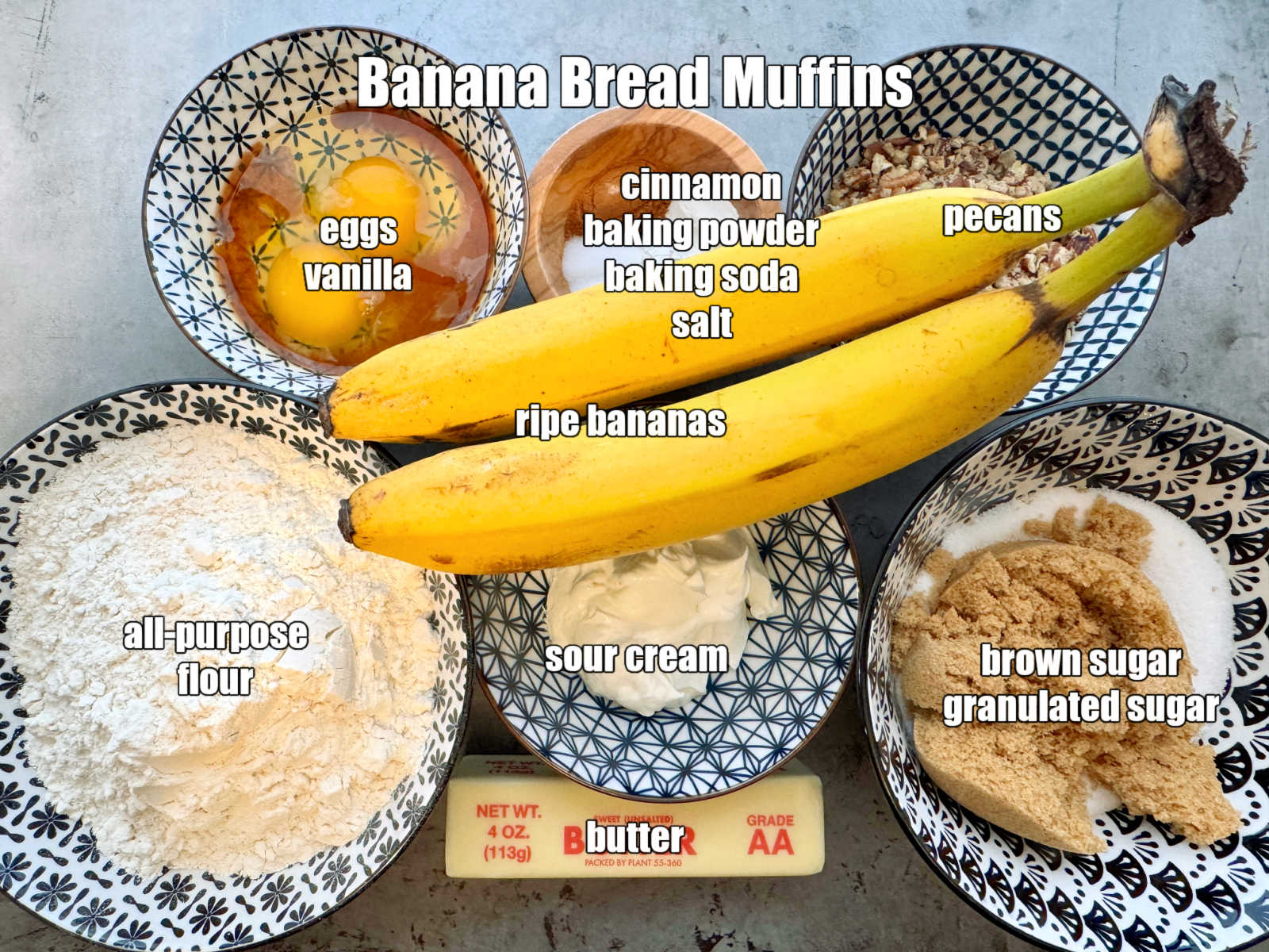 picture of ingredients needed to make banana bread muffins