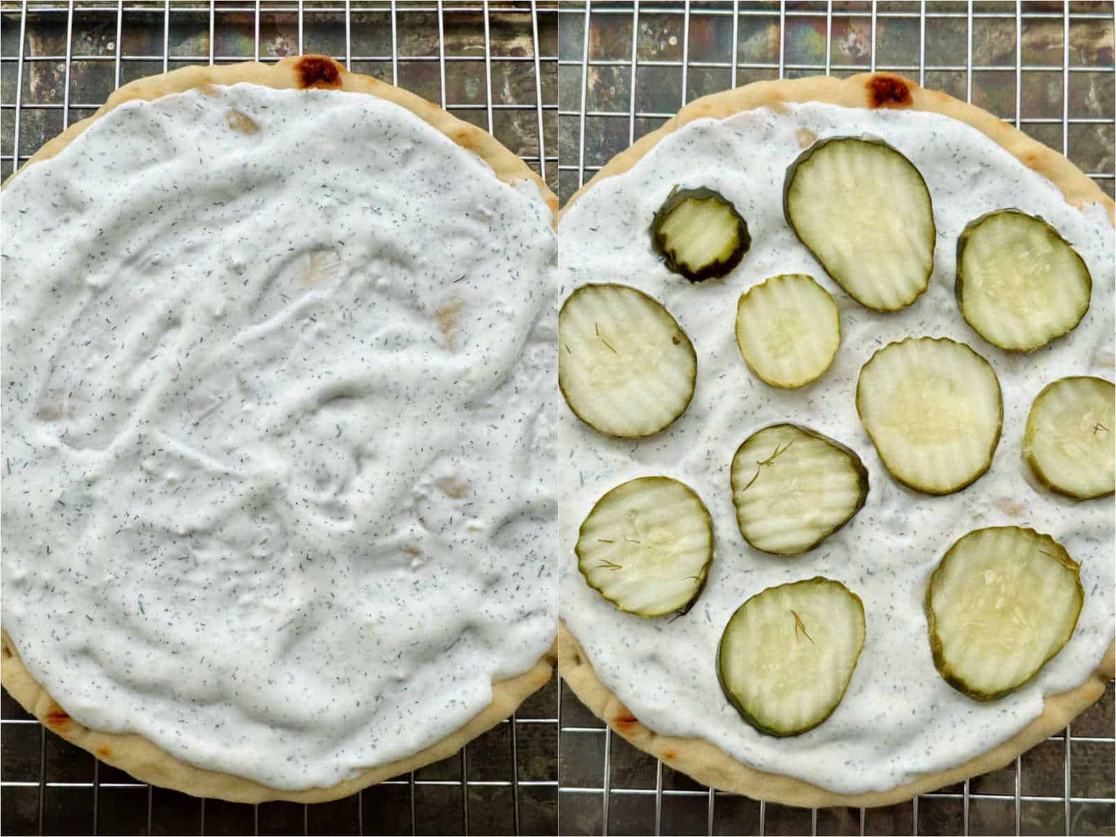 spreading the pizza crust with white sauce and topping with pickle slices