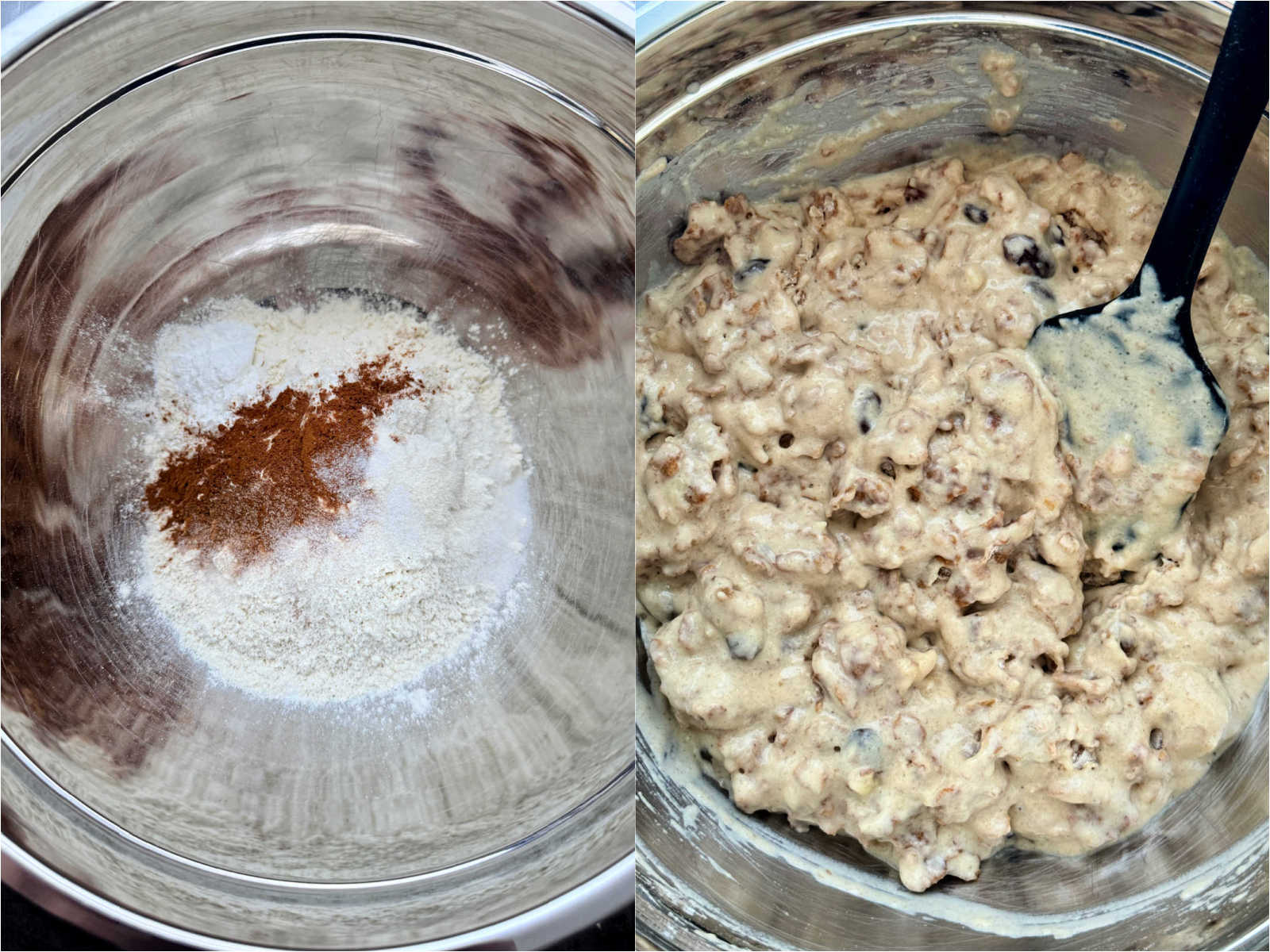 mixing together the dry ingredients with the wet to make the thick muffin batter